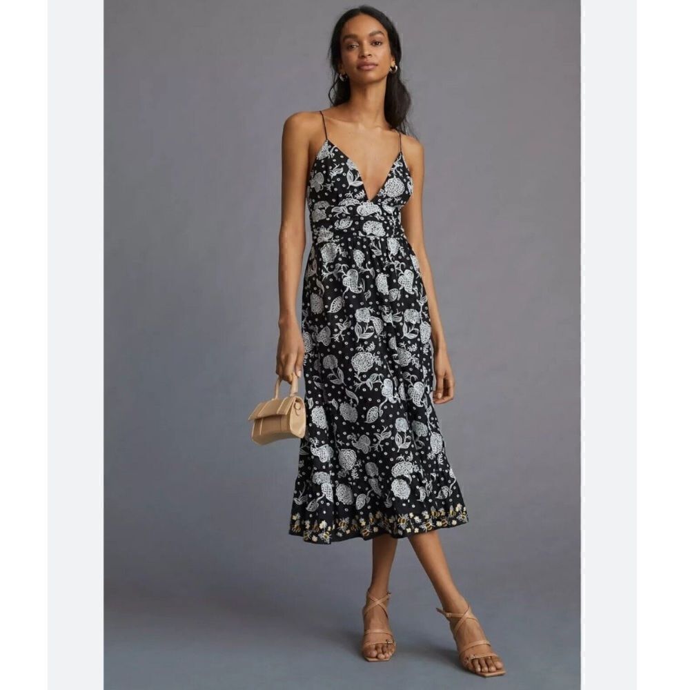 Anthropologie Maeve Embroidered Midi Dress Boho Floral Pockets XXS - Picture 2 of 6